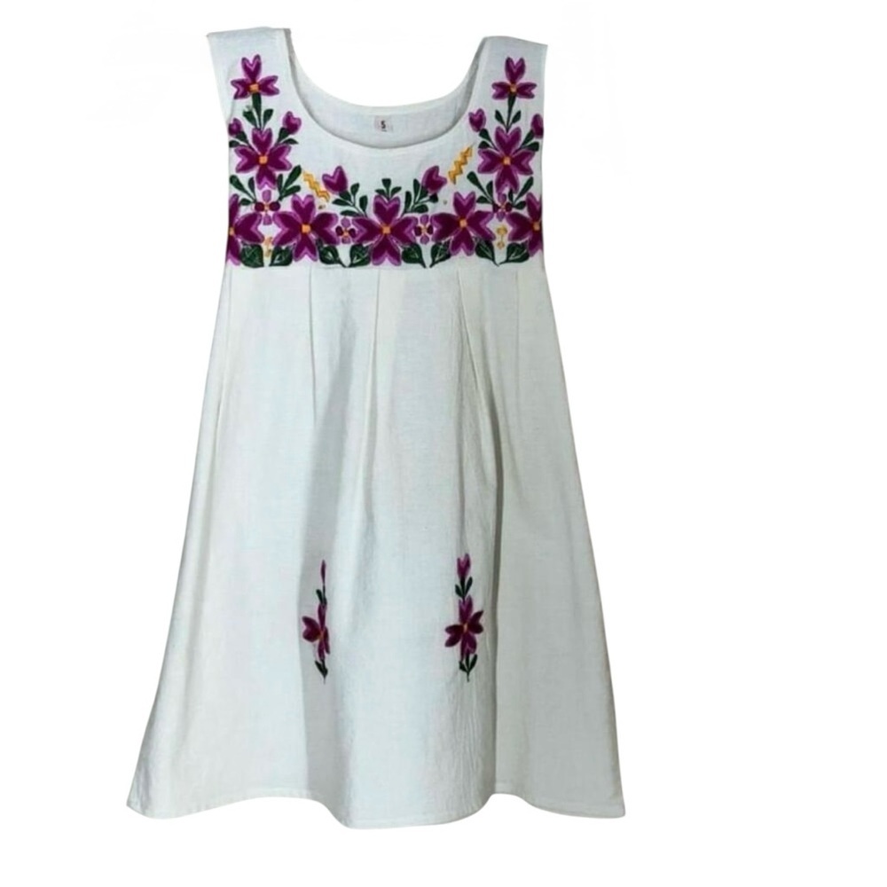 Boho Mexican Embroidered Dress 5 Floral Cottagecore Festival Sleeveless Hamdmade - Picture 2 of 8